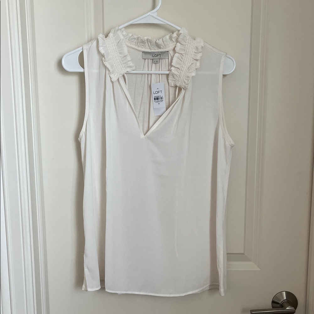 LOFT Ivory Ruffle Neck Blouse